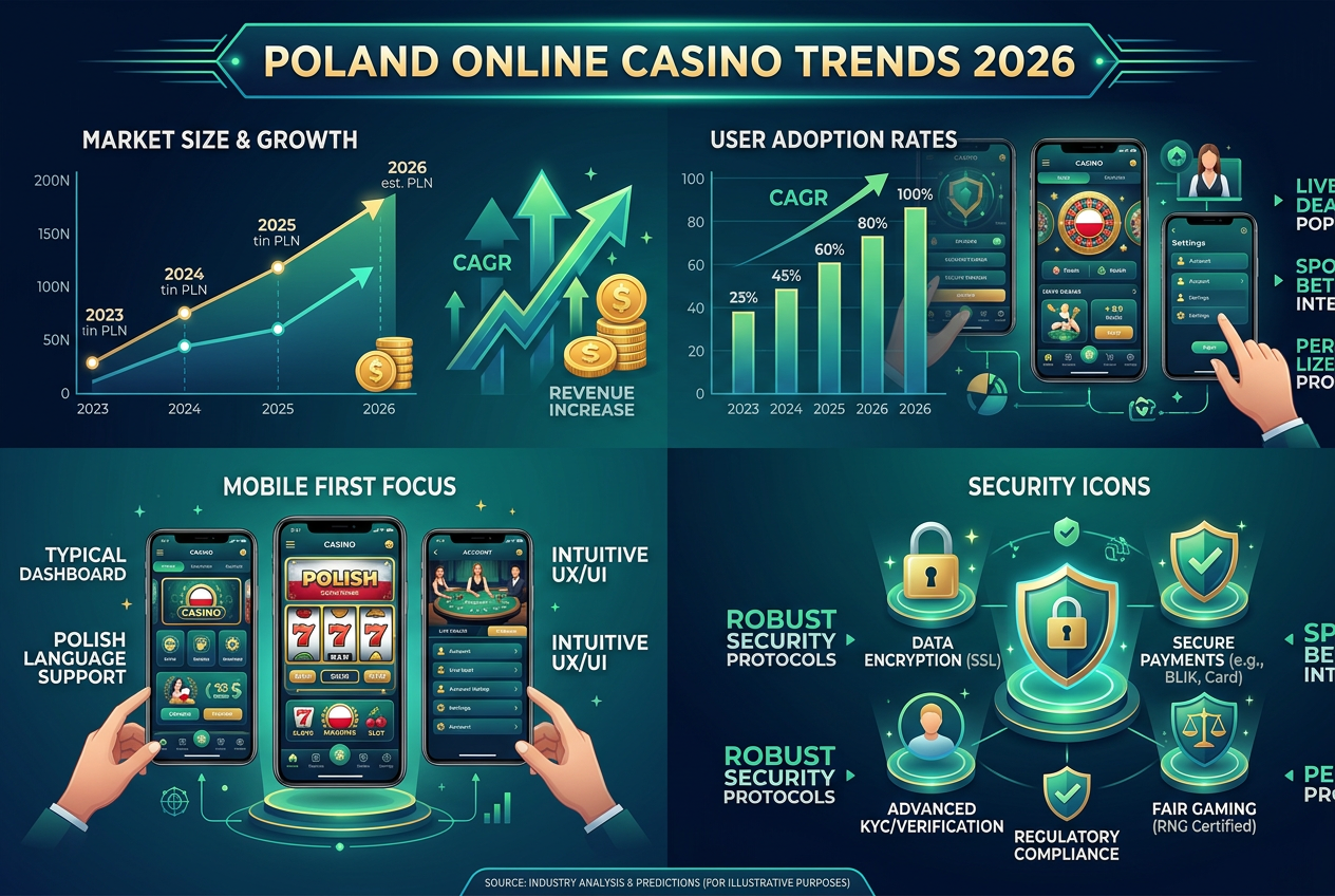 Profesjonalna infografika przedstawiająca trendy kasyn online w Polsce 2026
