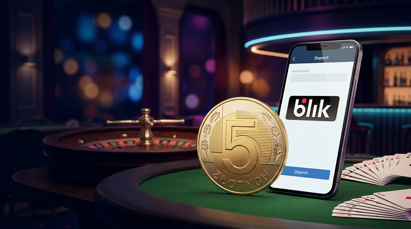Złota moneta 5 PLN i smartfon z logo BLIK na tle kasyna
