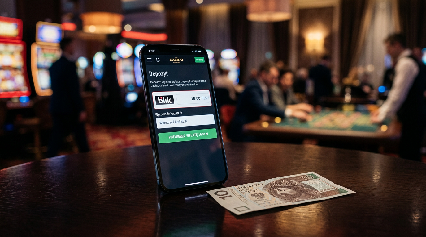 Mobile casino interface showing 10 PLN deposit option via BLIK