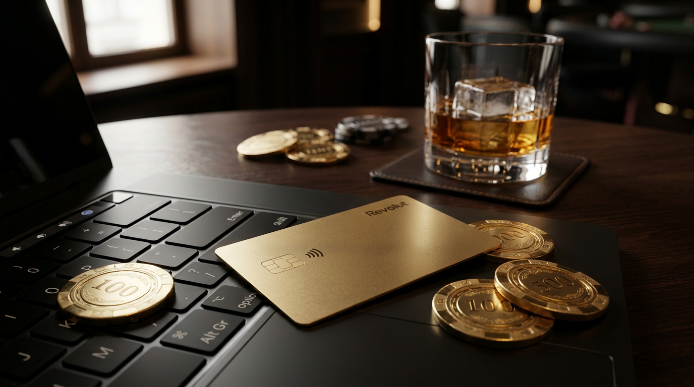 Karta Revolut i żetony kasynowe na laptopie