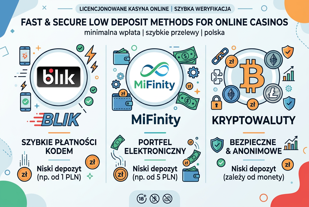 Infografika przedstawiająca różne progi wpłat w kasynie online i powiązane z nimi metody płatności