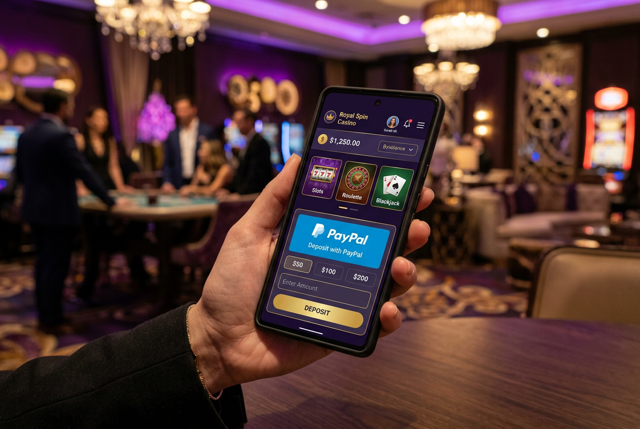 Interfejs płatności PayPal w nowoczesnym kasynie online na smartfonie