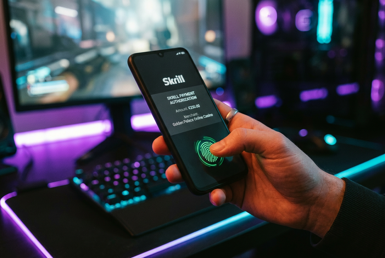 Zbliżenie na smartfon z aplikacją Skrill podczas autoryzacji płatności w kasynie online